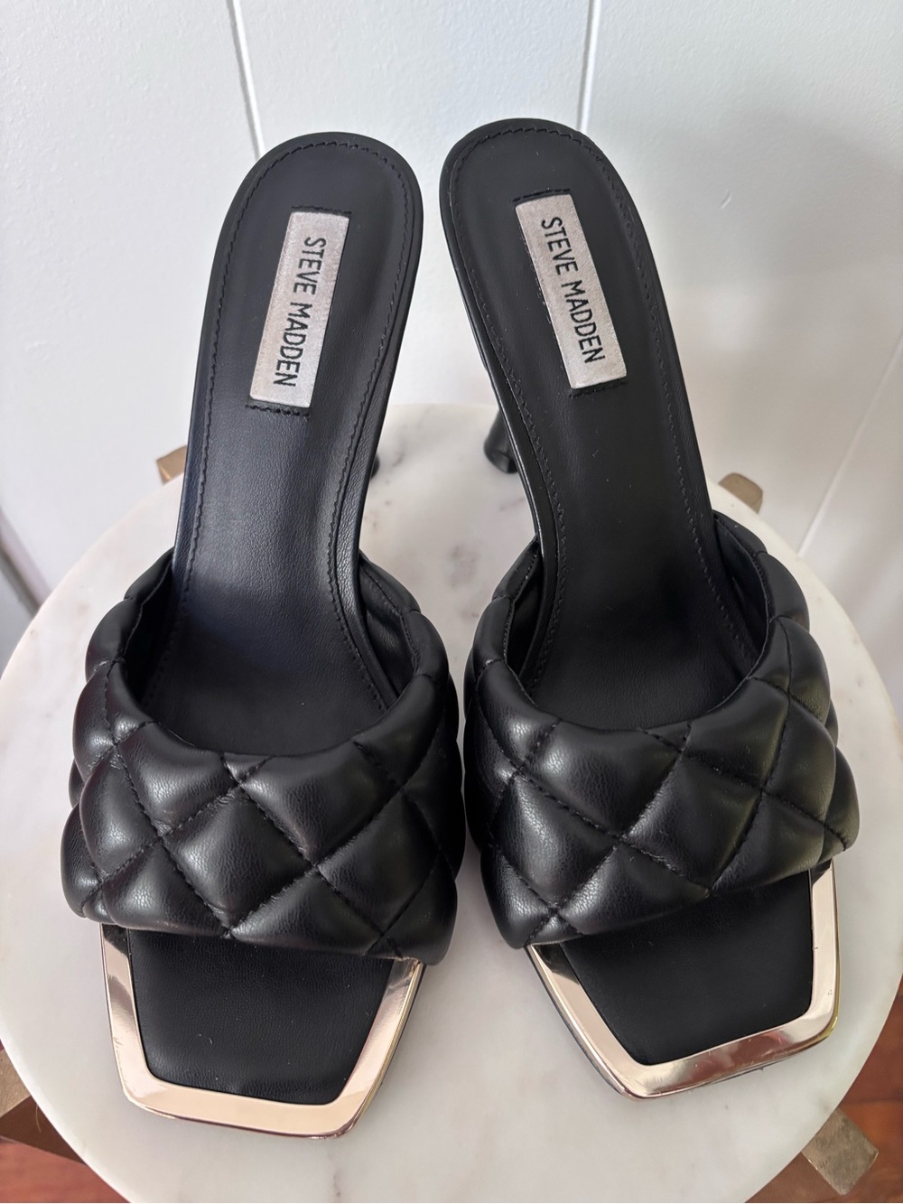 Steve Madden Black Quilted Square-Toe Mules 4”Heel Size 8.5